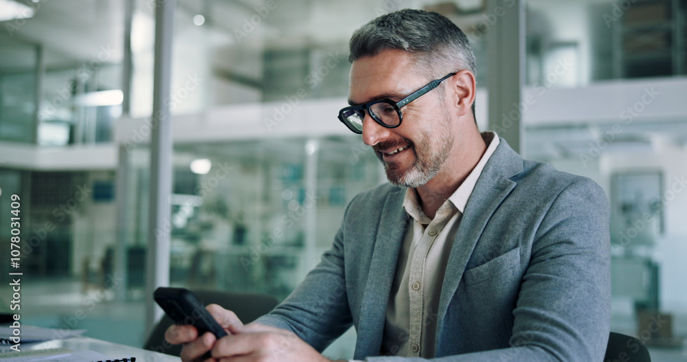 Mature, business man and happy with smartphone in office for communication, text message or positive feedback on email. Professional, CEO and smile with phone for notification and reading good news Mature, business man and happy with smartphone in office for communication, text message or positive feedback on email. Professional, CEO and smile with phone for notification and reading good news