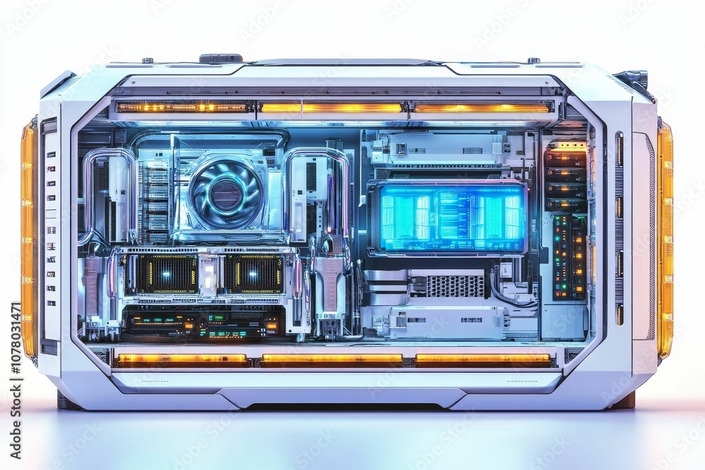 Obraz premium Open computer case with glowing internal components.