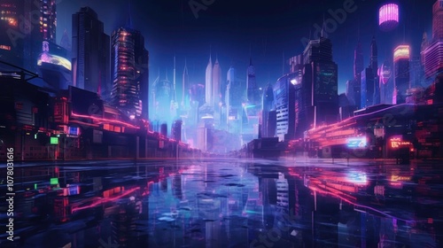 Futuristic Cityscape with Neon Lights