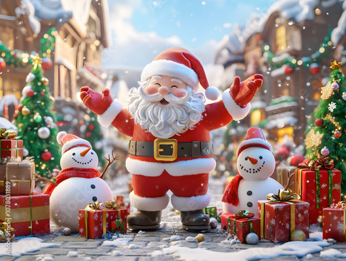 Santa Claus, happy and jolly, delivers Christmas gifts to children in a winter wonderland photo