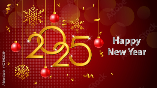 Happy New Year 2025 banner on red background. illustration.