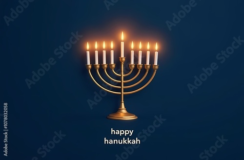 Minimalistic Hanukkah card. A simple gold menorah with lit candles, centered on a dark blue background with soft, glowing light around the flames. The text 
