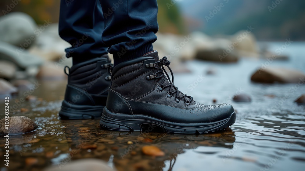 Boots on rocky terrain for mountaineering. Black hiking boots step into a shallow stream surrounded by pebbles, capturing an outdoor adventure vibe. Boots on rocky terrain for mountaineering. Black hiking boots step into a shallow stream surrounded by pebbles, capturing an outdoor adventure vibe.