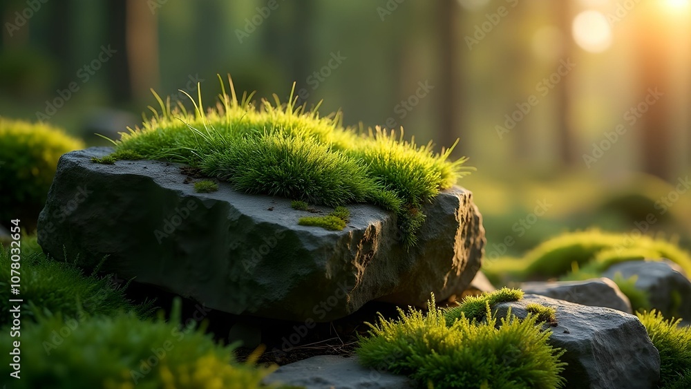 Fototapeta premium A stone covered with moss with a natural rough texture