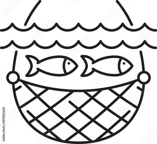 Salmon fish fishing catch thin line icon. Ocean fish fresh product line symbol, seafood culinary ingredient, salmon or tuna meat linear vector icon or pictogram with fishing net
