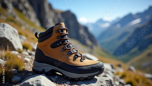 Boots on rocky terrain for mountaineering. Sturdy hiking boot on rocky terrain, with majestic mountains blurred in the background. Fits perfectly for outdoor adventures. photo