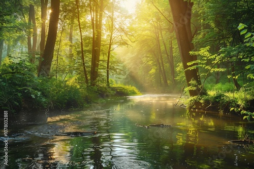 Sunbeams Illuminate a Tranquil Forest River