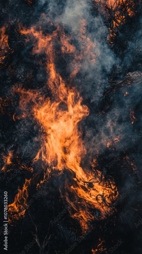 Wildfire flames and smoke on dark ground Wildfire flames and smoke on dark ground