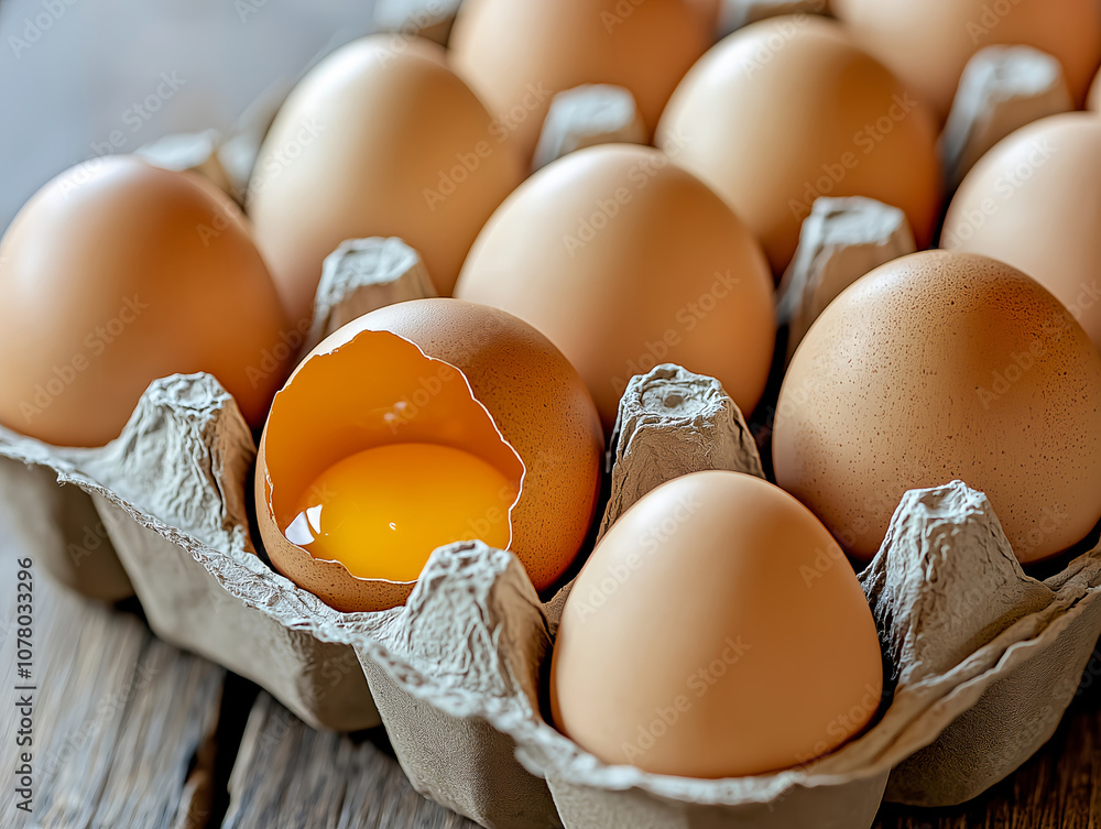 carton of fresh eggs with one cracked egg revealing vibrant yolk carton of fresh eggs with one cracked egg revealing vibrant yolk