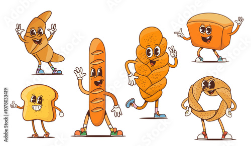 Cartoon groovy bakery characters. Retro wheat bread and cereal food vector personages. Funky groovy french bakery baguette and croissant, turkish bagel simit, toast bread slice and sweet bun challah