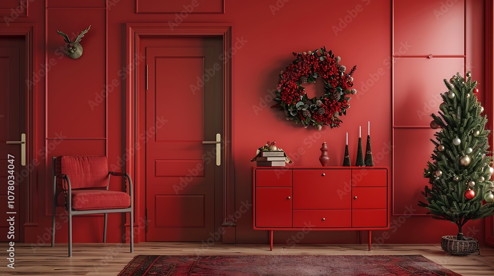 Fototapeta premium An intimate red room with a simple yet elegant wreath on the wall above a red dresser, reflecting holiday warmth and rustic charm in a modern setting.