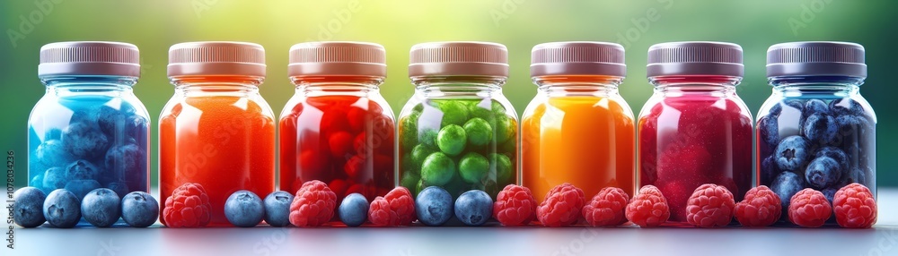 Bottled rainbow, a vibrant array of colorful fruitinfused drinks arranged beautifully in row, capturing the essence of summer. Bottled rainbow, a vibrant array of colorful fruitinfused drinks arranged beautifully in row, capturing the essence of summer.