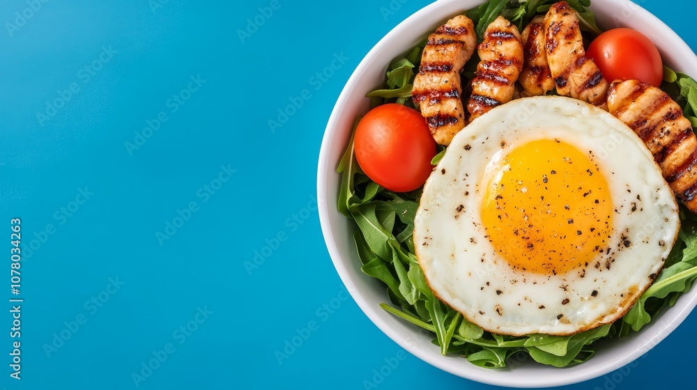 Delicious breakfast bowl with fried egg and fresh salad, a vibrant healthy meal for nutritious start Delicious breakfast bowl with fried egg and fresh salad, a vibrant healthy meal for nutritious start