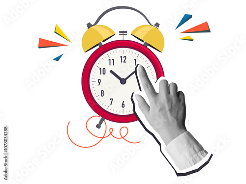 Hand moves alarm clock arrow. Modern collage style. Illustration on transparent background photo