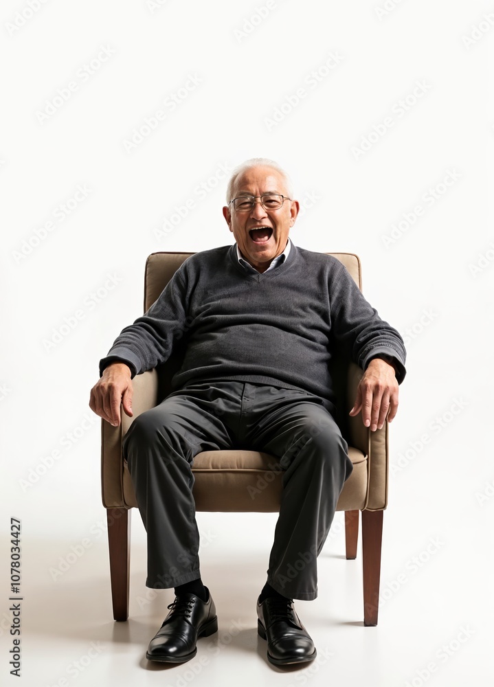 Elderly man laughs joyfully while sitting comfortably in a modern chair Elderly man laughs joyfully while sitting comfortably in a modern chair