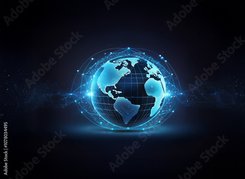 A digital rendering of a glowing blue globe with a grid pattern, surrounded by a network of lines and dots on a dark background.