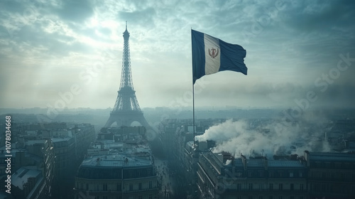 Stunning view of Paris with a vibrant flag over the Seine, capturing the city's charm on a sunny afternoon. photo