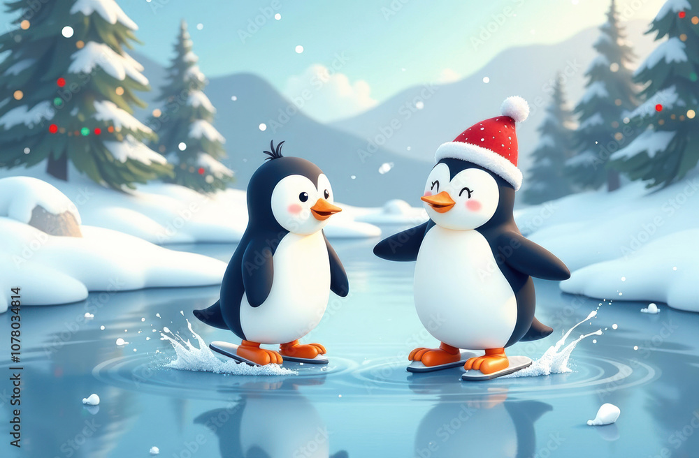 Adorable cartoon penguins ice skating on a winter pond in a snowy forest Adorable cartoon penguins ice skating on a winter pond in a snowy forest