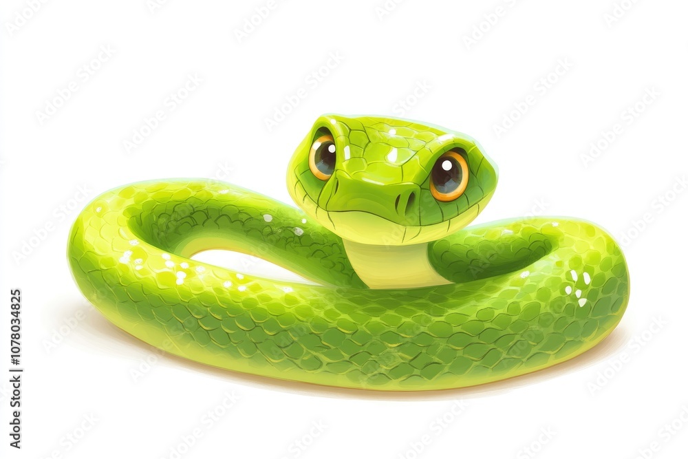 Funny illustrated green snake design isolated on white background, ideal for childrens content and various playful, imaginative designs Funny illustrated green snake design isolated on white background, ideal for childrens content and various playful, imaginative designs