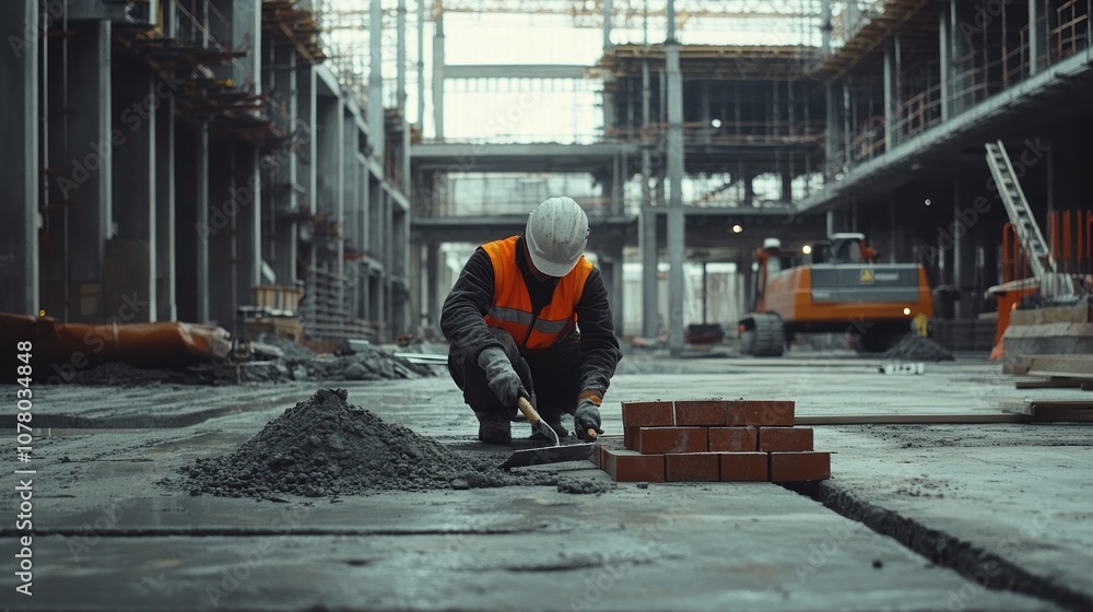 A construction worker laying bricks on a building site with machinery in the background. A construction worker laying bricks on a building site with machinery in the background.