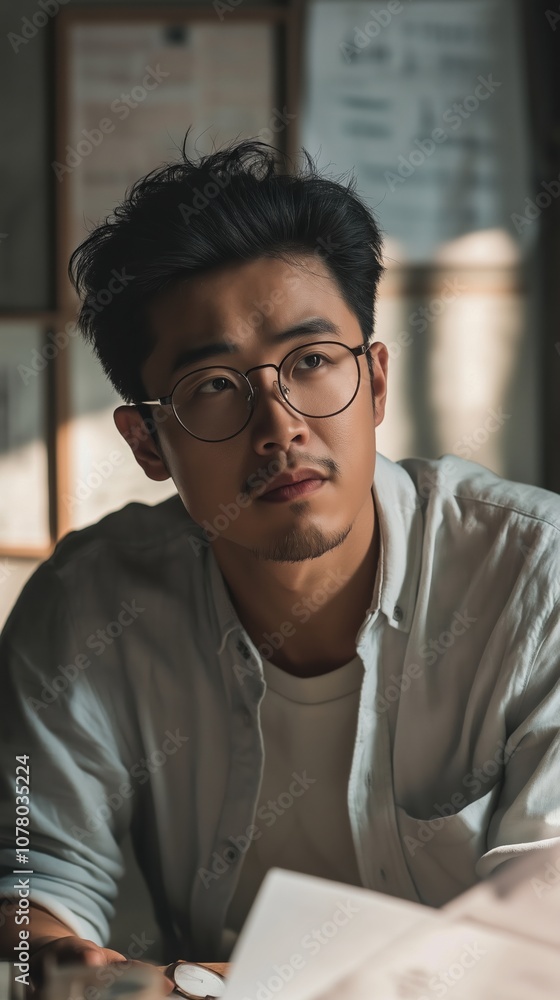Thoughtful young man ponders life choices in a cozy workspace surrounded by notes and light Thoughtful young man ponders life choices in a cozy workspace surrounded by notes and light