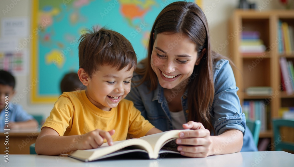 Child and teacher sharing joyful moments while reading together in a colorful classroom during a sunny afternoon Child and teacher sharing joyful moments while reading together in a colorful classroom during a sunny afternoon