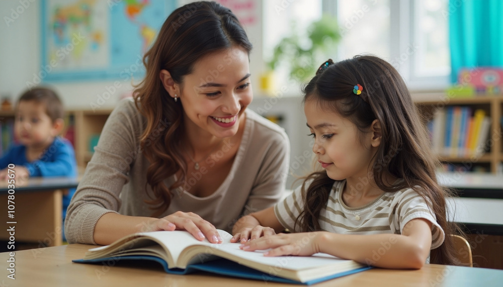 An engaging reading session between a teacher and a young student in a bright classroom setting An engaging reading session between a teacher and a young student in a bright classroom setting