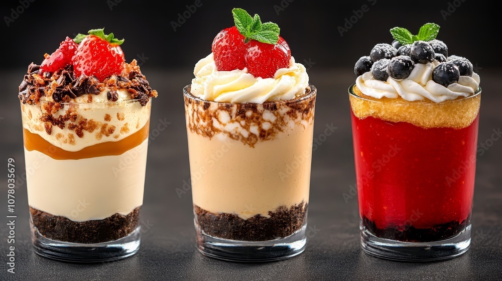 Trio of exquisite desserts, a culinary masterpiece of sweet treats, cakes, and confections Trio of exquisite desserts, a culinary masterpiece of sweet treats, cakes, and confections