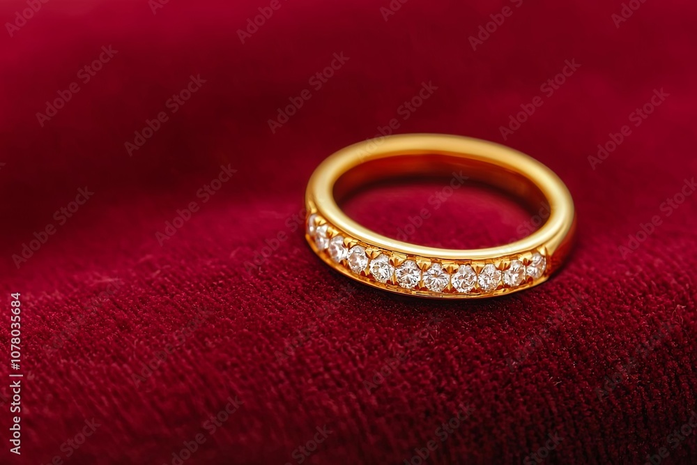 Elegant gold ring with diamonds on red velvet backdrop. Elegant gold ring with diamonds on red velvet backdrop.
