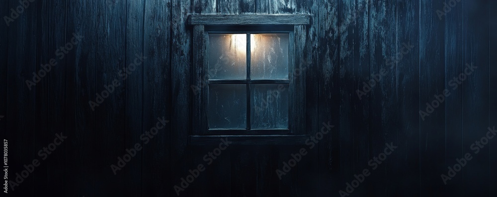 Mysterious wooden cabin window glowing in the Mysterious wooden cabin window glowing in the