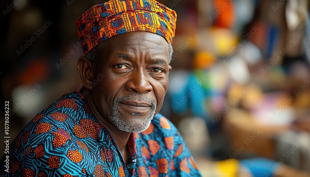 African elder in patterned attire, market scene, dignified, shallow focus African elder in patterned attire, market scene, dignified, shallow focus