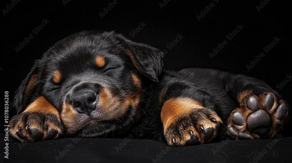 Fototapeta premium A sleeping Rottweiler puppy resting peacefully on a dark background.