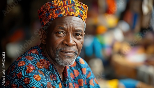 African elder in patterned attire, market scene, dignified, shallow focus