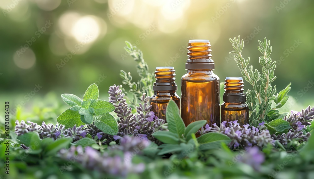 Bottles of essential oils with herbs, soft natural light, peaceful ambiance, closeup Bottles of essential oils with herbs, soft natural light, peaceful ambiance, closeup