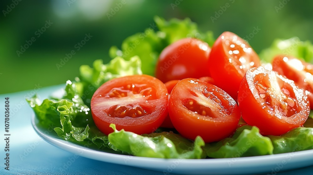 Closeup of fresh tomatoes and lettuce on a plate, vibrant healthy meal option Closeup of fresh tomatoes and lettuce on a plate, vibrant healthy meal option