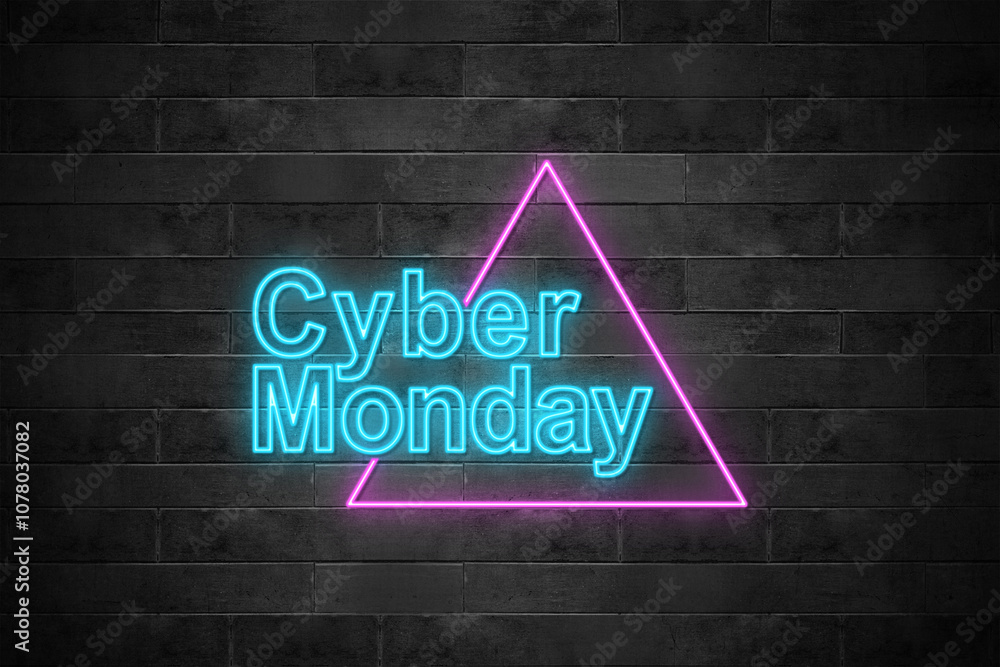 Obraz premium Neon light text of Cyber Monday on black brick wall background