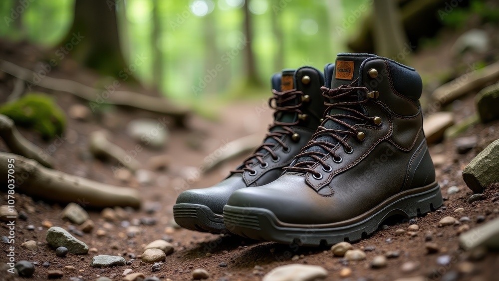 Boots on rocky terrain for mountaineering. Brown hiking boots on a forest trail, surrounded by rocks and greenery, under sunlight filtering through the trees. Boots on rocky terrain for mountaineering. Brown hiking boots on a forest trail, surrounded by rocks and greenery, under sunlight filtering through the trees.