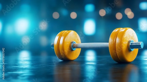 Pair of yellow dumbbells on blue background, fitness equipment for strength training, exercise, and healthy lifestyle