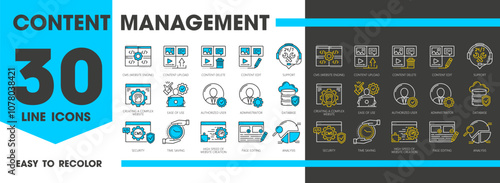 Cms symbols, Content management system icons. Website engine, content upload, edit and delete, support, authorized user and administrator. Database, security or time saving, page editing and analysis