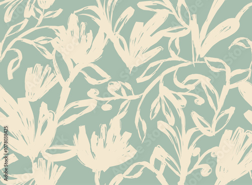 Exotic tribal seamless pattern with hand drawn brush strokes and flowers. Gouache painting background with scribble stripes