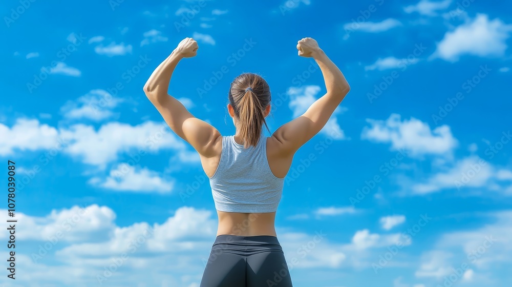 Woman with arms raised embracing joy, freedom, and triumph under a blue sky Woman with arms raised embracing joy, freedom, and triumph under a blue sky
