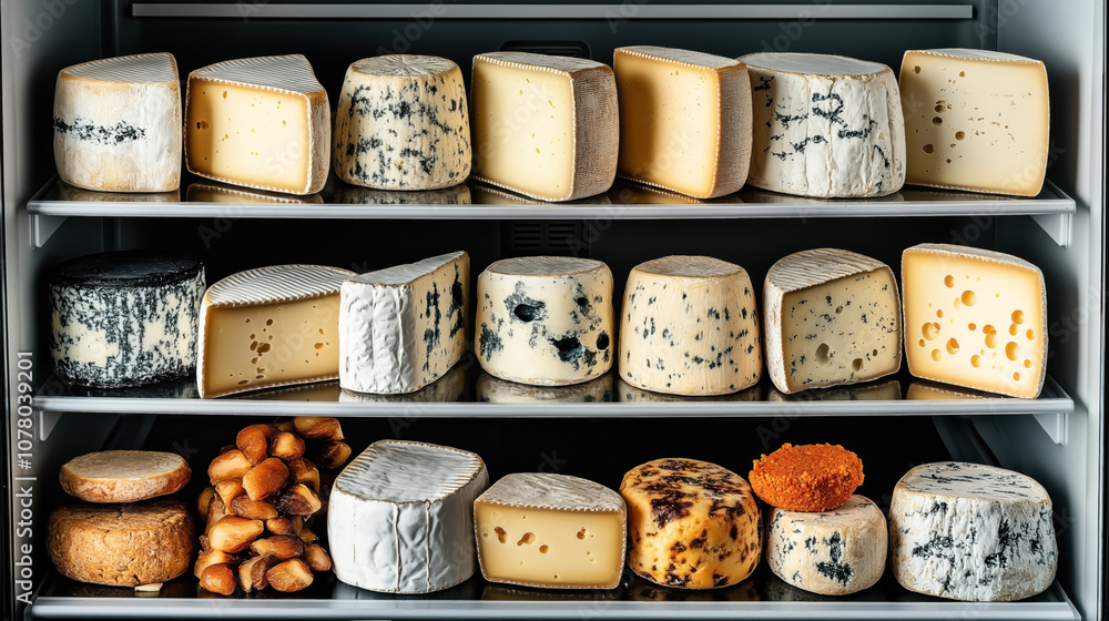 Variety of gourmet cheeses on refrigerator shelves, including blue cheese, rind cheese, and hard cheese, with several types displaying different textures and colors.