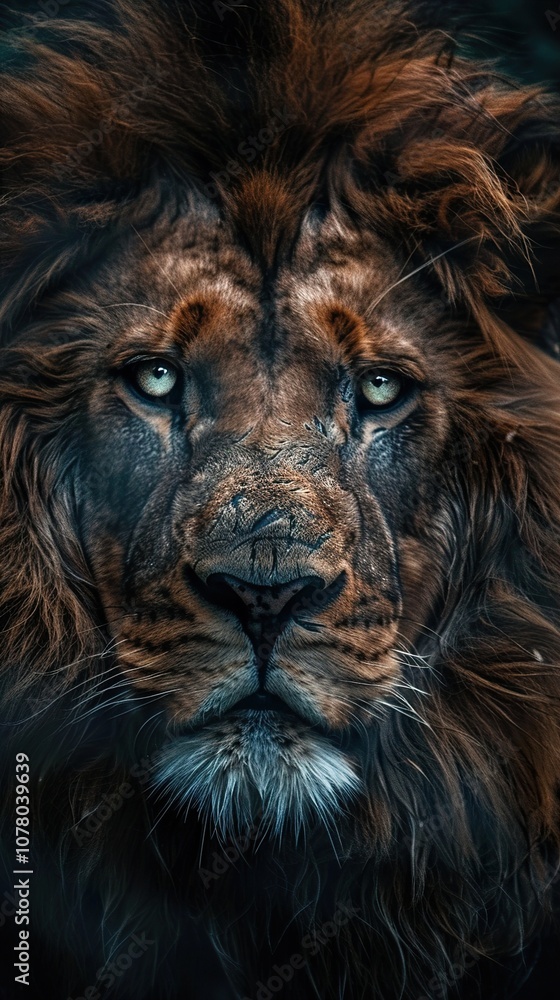 Fototapeta premium Close-Up Portrait of a Majestic Lion: Power and Intensity in the Animal Kingdom
