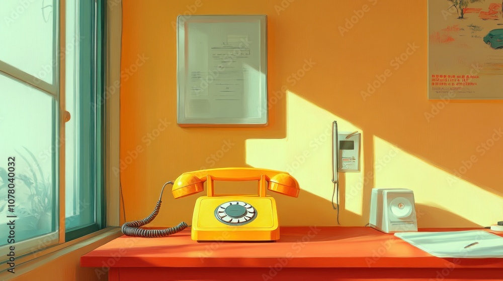 A vibrant workspace featuring an orange rotary phone on a bright desk. A vibrant workspace featuring an orange rotary phone on a bright desk.