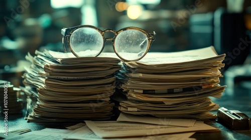 A pair of glasses rests atop a stack of papers, suggesting work or study in progress.