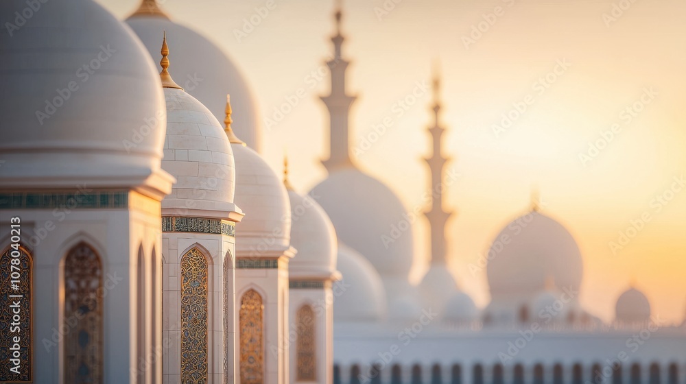Fototapeta premium A serene view of ornate domes and minarets at sunset, showcasing architectural beauty and cultural significance.