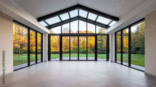 A spacious, modern room with large glass windows showcasing vibrant autumn colors outside.