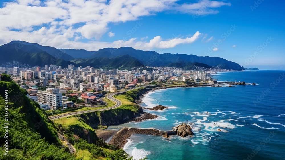 Scenic coastal view with mountains, cityscape, and ocean waves under a blue sky. Scenic coastal view with mountains, cityscape, and ocean waves under a blue sky.