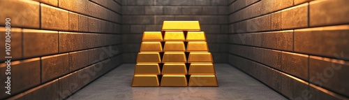 Gold bars stacked in a dimly lit vault, symbolizing wealth and investment.