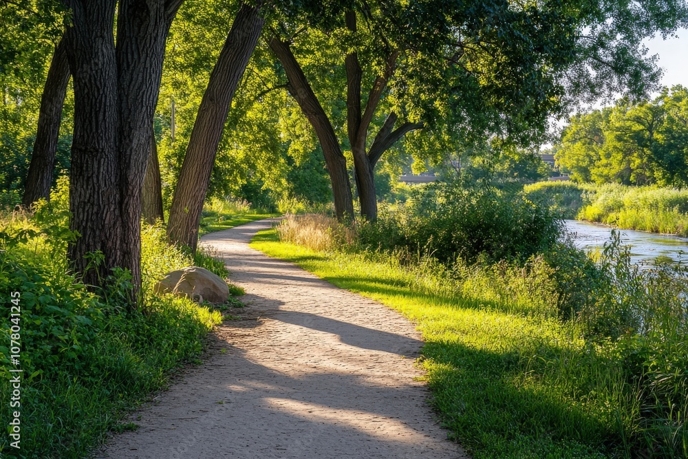 Winding Path Through a Lush Green Forest Along a Stream Winding Path Through a Lush Green Forest Along a Stream